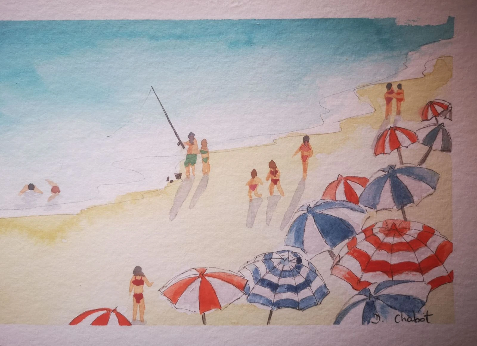 Belle aquarelle panoramique peinte à la main, unique et originale "les vacances à la mer"  – photo 3